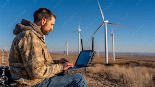 Remote specialist uses portable spectrum analyzer near wind turbines measuring electromagnetic interference and frequency use in isolated outdoor locations.