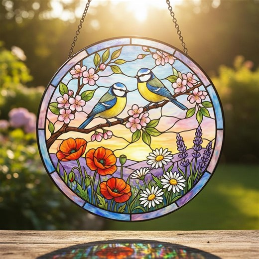 Spring Birds Stained Glass Suncatcher, Floral Window Hanging Decor, Colorful Songbird Art, Nature Lover Gift, Garden Sun Catcher - Etsy