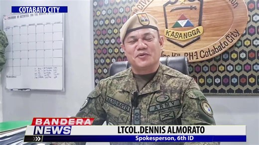 PANIG NG MILITAR SA RH 6 INCIDENT : 6th Infantry " Kampilan " Division at Joint Task Force Central Spokesperson, Army Colonel Dennis Almorato, Iginiit na hindi kasama sa shootout sa Rosales Street RH 6 Cotabato City ang isang Sundalo na si PFC John Carlo Bravo na kabilang sa itinuturong suspek sa pagkaka baril patay kay PSSG Zahraman Diocolano. Kampante ang 6ID na magiging negatibo sa Paraffin test ang Sundalo dahil hindi naman ito nagpaputok ng baril. Nanindigan ang 6ID na ang presensiya ng sun