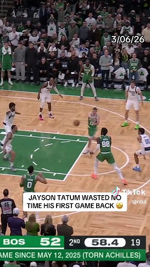 A long awaited moment from last season…the return of Jayson Tatum ☘️ 298 days after tearing his Achilles, JT dropped a near TRIPLE-DOUBLE in his season debut at home in March 🤯 #NBA #Basketball #JaysonTatum #Celtics
