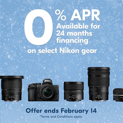 0% APR available for 24 months financing on select Nikon gear. 2 days only! Offer ends February 14. Terms and Conditions apply. | Nikon