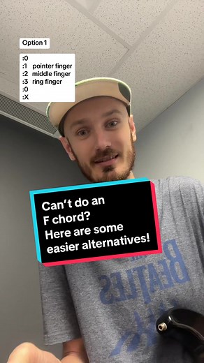 these are some good scam replacements for an F chord, theyre not technically correct but they’ll get the job done for most situations where you need to play an F Chord by yourself… but if you’re playing with a band and you need to play a song with a proper F chord, learn how to do it or just play a power chord… this advice is for BEGINNERS learning guitar #beginnerguitar #guitarlessonsforbeginners #easyguitar #guitarteacher #fyp