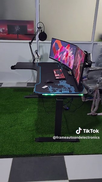 L-Shaped Height-Adjustable Desk and Monitors For Sale