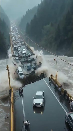 大暴雨突袭山谷！洪水几秒冲垮大桥，人车瞬间坠入狂暴洪流#暴雨洪灾 #山洪爆发 #桥梁坍塌 #自然灾害 #极端天气 #灾难现场 #洪水瞬间 #山谷大桥 #视觉震撼 #automobile #flood