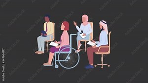 Animated audience characters. Disabled inclusivity. Full body flat people on black background with alpha channel transparency. Colorful cartoon style HD video footage for animation
