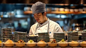 Japanese restaurant counter featuring a tea cup made of pottery, with Blur chef preparing food at the kitchen counter and serving patrons in the backdrop