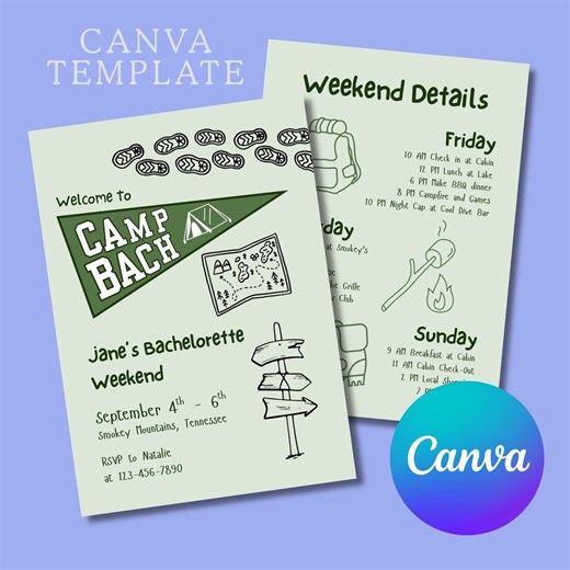 Camp Bachelorette Invitation & Itinerary Canva Template | Last Trail Before the Veil | Summer Camp Bach Party - Etsy