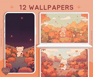 Cute Autumn Bears Wallpaper Fall Pumpkin Wallpaper Kawaii Pastel Holiday Cozy Desktop Wallpaper Lockscreen Halloween Background Wallpaper - Etsy