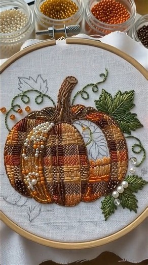 Plaid Pumpkin Bead Embroidery 🎃 Cozy Fall Harvest Design | Satisfying ASMR Sewing #Shorts