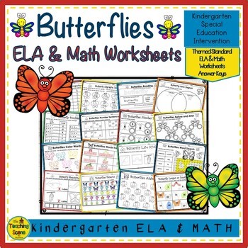 Butterflies Themed Kindergarten ELA and Math Worksheets
