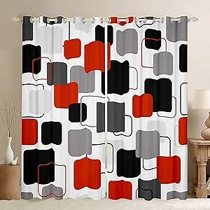 Castle Fairy Black Red Gray Grid Curtains,Modern Window Curtains for Boys Girls Teens,Grid Squares Window Treatment Curtains Home Decor,Abstract Window Drapes for Living Room Bedroom,52Wx84L