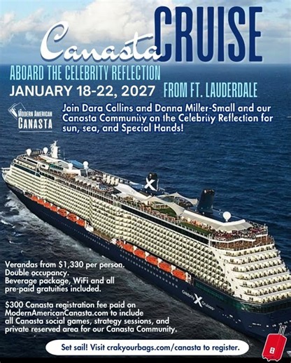 Canasta Cruise January 2027. Set sail for sun, sea & Special Hands. Join Dara & Donna of MAC
