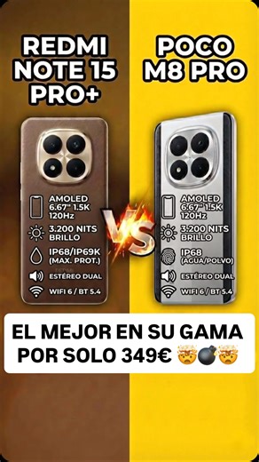 🥊 COMPARATIVA: Redmi Note 15 Pro vs POCO M8 Pro. ¿Cuál merece la pena? Sobre el papel parecen gemelos, pero hay diferencias clave que tocan el bolsillo. Hemos analizado ambos y aquí tienes el resumen rápido: ✅ EN QUÉ SON IGUALES: • 🧠 Procesador: Snapdragon 7s Gen 4 (Misma potencia bruta) • 📱 Pantalla: Ambos paneles AMOLED brutales. • 🔋 Batería: 6.000 mAh en ambos. ⚡ LAS DIFERENCIAS (La Clave): 1️⃣ Cámara: Sorprendentemente, el POCO monta el sensor Light Hunter 800, superior al del Redmi en r