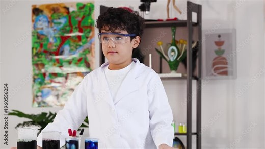 Young Asian Boy in Lab Coat Conducting Science Experiment in Classroom