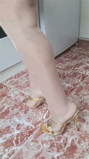Gold Mule Heels Try On with Natural Pantyhose