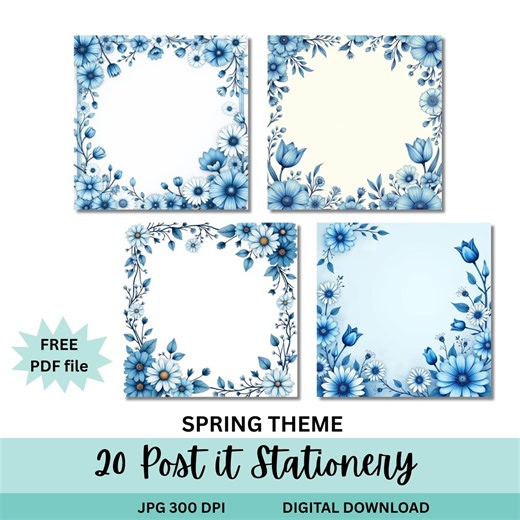Spring Floral Post-it Notes Printable | Blue Flower Sticky Note Templates | Square Stationery Paper | 20 JPG   FREE PDF | Digital Download - Etsy