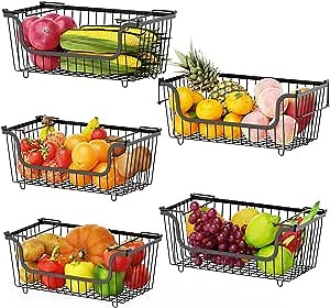Stackable Wire Baskets, 5 Pack Fruit Vegetable Storage Bins, Cabinet Storage Metal Baskets for Kitchen, Freezer, Pantry, Black