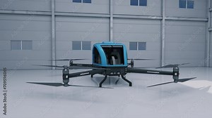 Autonomous unmanned aerial vehicle in the workshop. Transport of the future. 3d render.