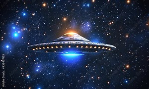 2D cartoon style alien spacecraft navigating through the depths of space with stars scattered in the background showcasing a rear view of the UFO in a rendered design