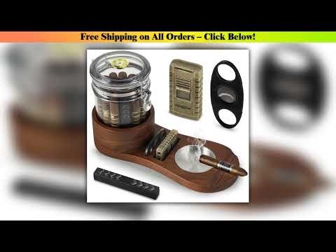 Cigar Humidor, Solid Wood Cigar Ashtray & Acrylic Cigar Jar Kit with Cigar Cutter, Humidifier and