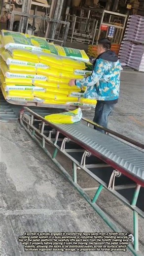 Transferring Heavy Sacks onto Rotating Pallets in a Warehouse
