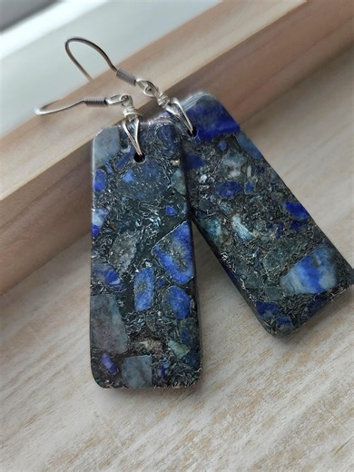 Imperial Jasper Rectangle Drop Earrings – Earthy Blue Stone Jewelry With Stainless Steel Hooks - Etsy