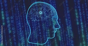 Animation of human head and ai data processing over binary coding