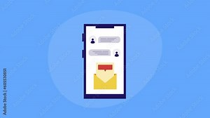 Text sms on mobile screen, New incoming email open message notification. Business marketing communication technology animation video.