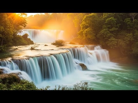 Sunset Waterfall Serenity 🌅 | Calming 4K Jungle Landscape + Relaxing Music