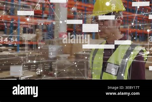Warehouse worker glancing, scanning racks checking stock as digital overlay nodes readouts updating. Logistics, inventory, storage, shelves, pallets, analytics, dashboard Stock Video Footage - Alamy