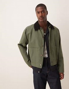 ASOS DESIGN Harrington jacket with cord collar in washed khaki | ASOS