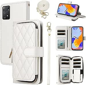 Wallet Case for Xiaomi Redmi Note 11 Pro 4G/5G with Detachable Wrist Strap, 9+ Card Slots Zipper Purse, Luxury PU Leather Stand Full Body Phone Cover for Redme Note11 11E 11Pro Women White