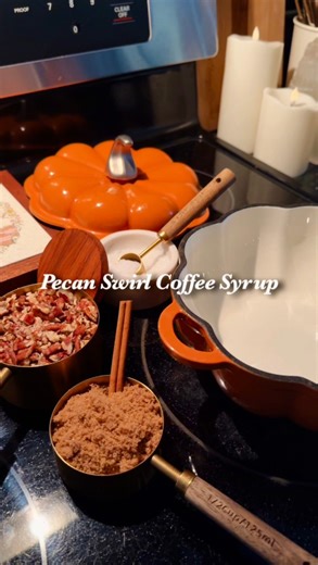 Homemade Pecan Swirl Coffee Syrup Recipe: • Warm 1 Cup chopped pecans • 1/2 Cup brown sugar • 1/2 Cup sugar • 1.5 Cups water • simmer for 7-10 minutes (the longer you simmer the thicker it will be) • turn the heat off • 1 Tsp vanilla bean paste • 1/8 Tsp salt • Stir it all together • Cover • Refrigerate overnight • Strain • Good for 2 weeks refrigerated • Enjoy! ☺️🤎 #Homemade #CoffeeSyrups #PecanSyrup #Calming #CozyAesthetic #CozyVibes #CozyHome | The Thrift Witch