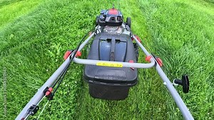 Woman mowing lawn lawn with lawn mower