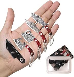 MOVNO Mini Pocket Knife Set Damascus Mini Utility Knife, Tiny Chef Knife with Sheath Cleaver for Package Opener Box Cutter, Camping Outdoor-4pcs-B