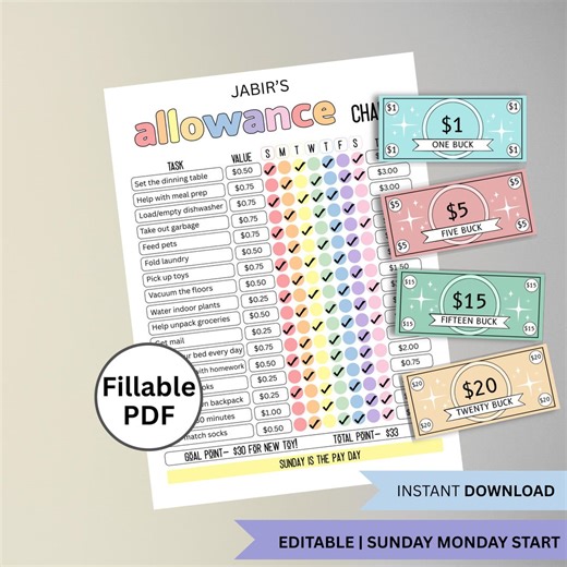 Editable Allowance Chore Chart for Teenager, Tweens, Pre-teens, Kids Allowance Tracker Printable, Earn Money Chart, Teens Chore by Pay Chart - Etsy