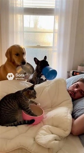 Cat and dogs vs sleeping owner (they won) #funny #petlife #relatable
