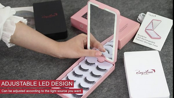 Buqikma Eyelash Storage Box Eyelash Case with LED Light Rechargeable Lash Holder Case False Eyelash Container Empty Portable with Makeup Mirror 360 Rotation Dimmable Touch Screen for Women and Girls