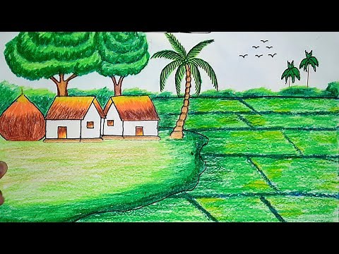 how to draw a crop land | with a village scenery how to draw | drawing land village scenery
