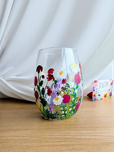 Hand Painted Stemless Wine Glass/tumbler, Wildflower - Etsy