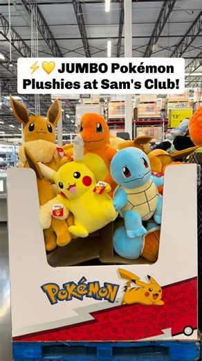 Sam’s Club Lovers on Instagram: "⚡️ These NEW jumbo Pokémon plushies are SO cute! Pick from Charmander, Eevee, Pikachu, or Squirtle - each one is 24” tall and super soft for cuddling! Perfect for fans of any age  They’re $29.98 each. #samsclub #plushies #pokemon"