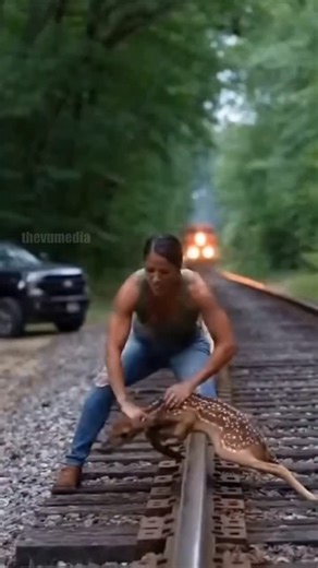 Animal Facts on Instagram: "Incredible Heroism: Woman Rescues Trapped Fawn Seconds Before Train Impacts! #rescue #hero #animal #deer"