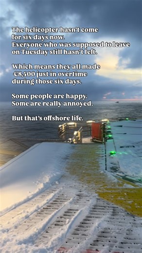 Patricius on Instagram: "Offshore overtime explained 👇 Your normal rotation is 14 days. Anything above that is paid as overtime, plus waiting time for the helicopter. That can mean around €1,200–1,400 for every extra 24 hours spent on the platform. In winter, it usually happens for 1–2 extra days because of weather. But in crazy situations, it can stretch to a full week… or even two. That’s offshore life. Sometimes brutal, sometimes very profitable. #offshorelife #workoffshore #oilriglife #fifo