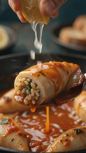 Balkan Stuffed Squid with Rice Herbs and Tomato Sauce 🦑🔥