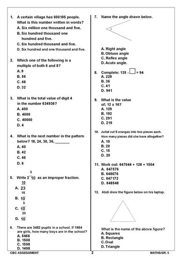 Grade 5 Mathematics End Term 1 Exam 2025 with Marking Scheme