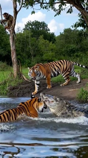 Tiger and crocodile bite each other 🤨🤨#tiger #wildlife #animals #animal #shortsvideo #wildanimals