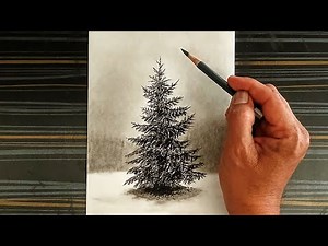 How to draw a pine tree with charcoal pencil for beginners.