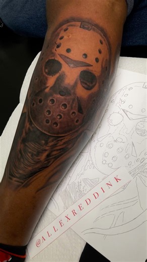 J A S O N . .did this Jason tattoo for the homie wanting to get something to add to his horror tattoo collection #tattoos #tattooartist #halloween #viral #fyp #explore #trending | Allex Redd Ink