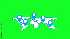 World map with markers animation. Black screen and black background