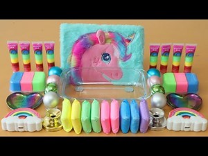 Mixing”Unicorn Rainbow” Eyeshadow and Makeup,parts,glitter Into Slime!Satisfying Slime Video!★ASMR★